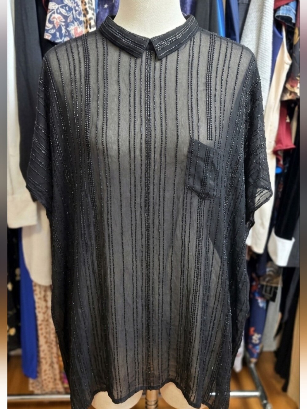****Sheer Black Beaded Stripe Button-Front Top